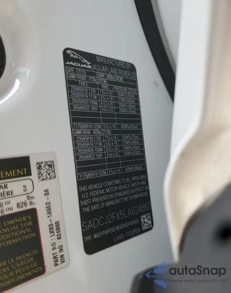 2020 Jaguar F-Pace Premium из США, поврежденный, VIN SADCJ2FX5LA624860